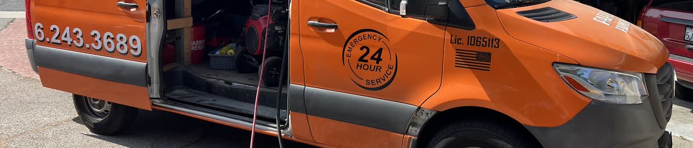 Papa's Plumbing van — license and 24 hour service painted on